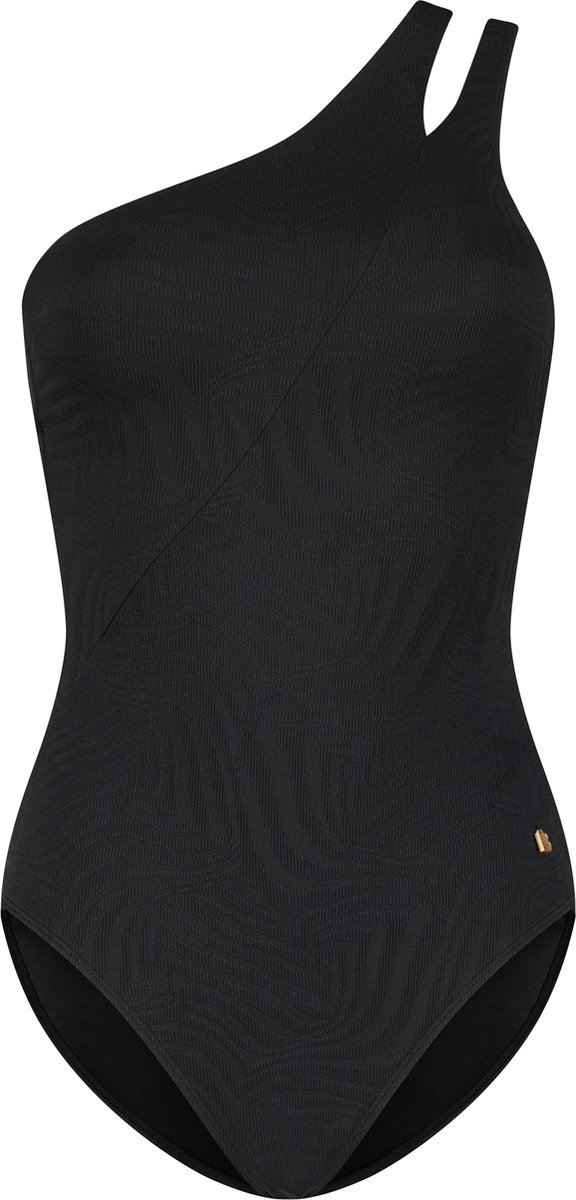 zwempak, one-shoulder, zwarte badpak, textuurpatroon, instapmodel
