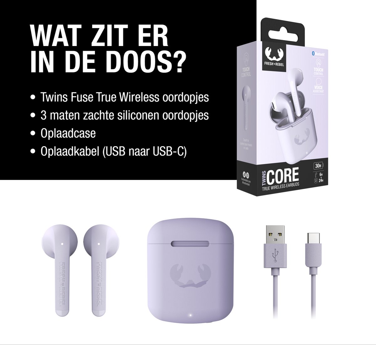 Fresh 'n Rebel Twins Core - True Wireless - 6 uur speelduur (30 uur in totaal) - Dreamy Lilac