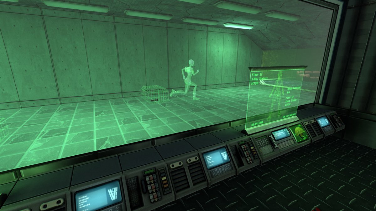 ruimte, groen glow, glasachtig scherm, controlekamer, robot/hologram