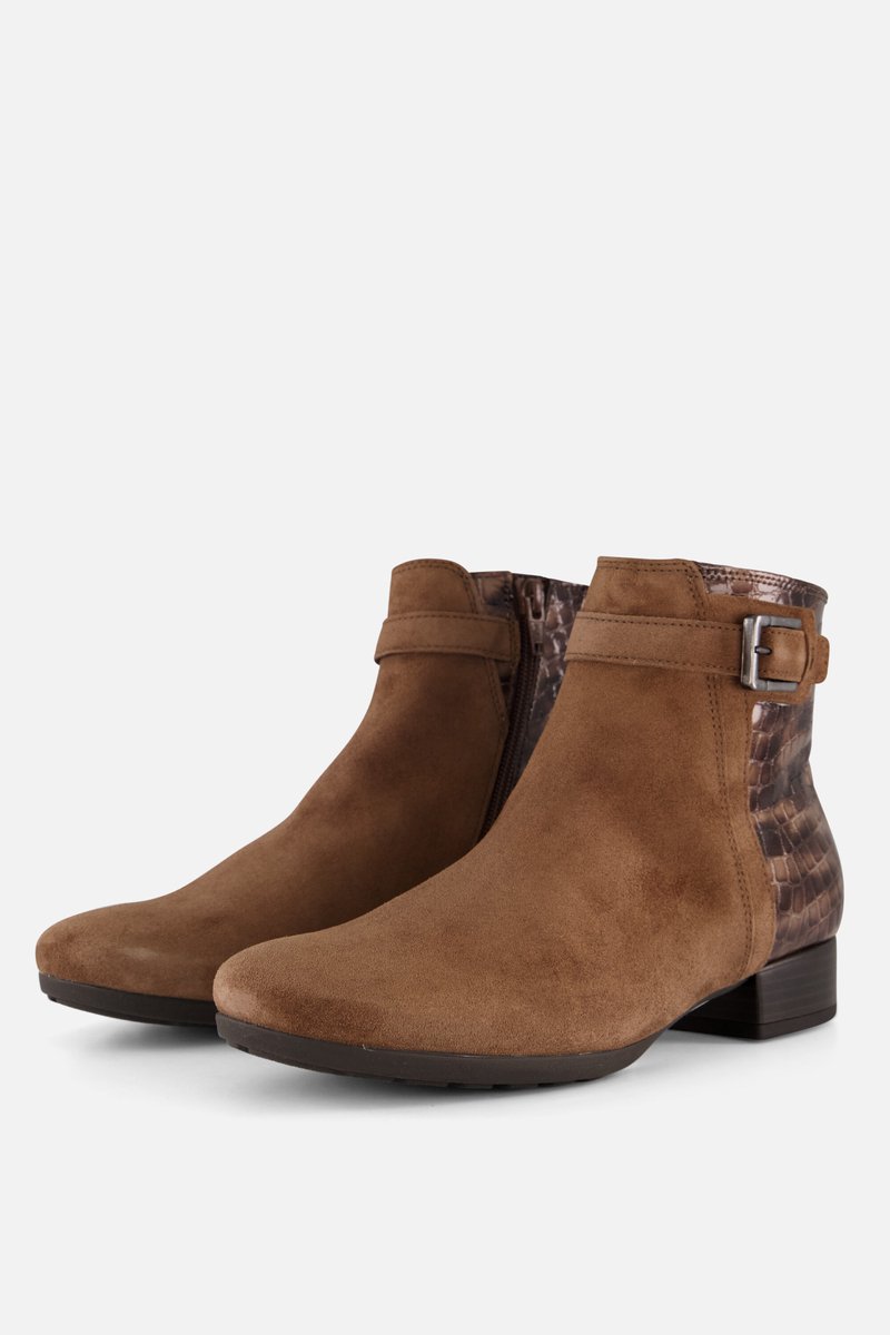enkellaarzen, suede, bruin, zijopening rits? no, zij gesp, hak