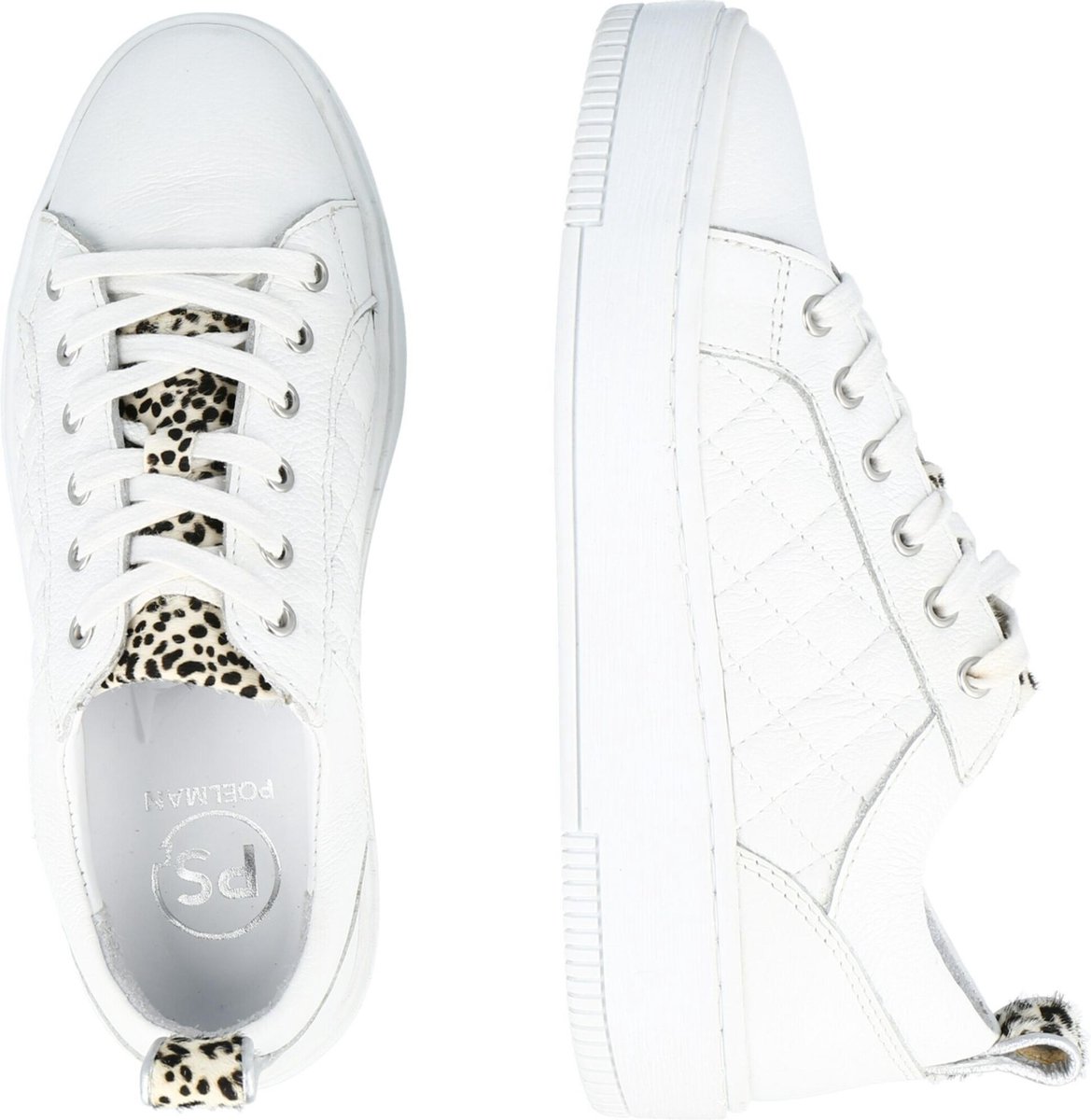 PS Poelman Esquimo Dames Quilted Leren Tennis Sneakers  - mt 38 - met Leopard Print - Wit