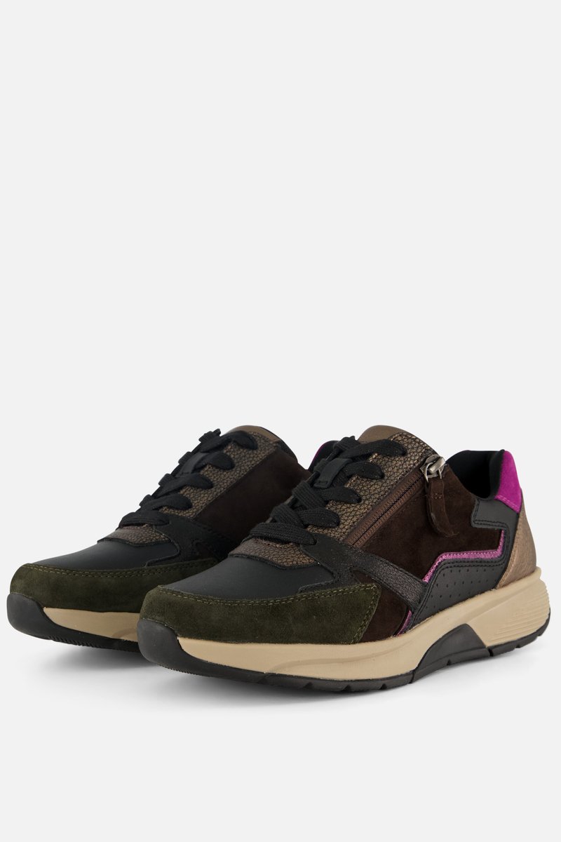 sneakers, lows, leder, donkergroen, riemdetail