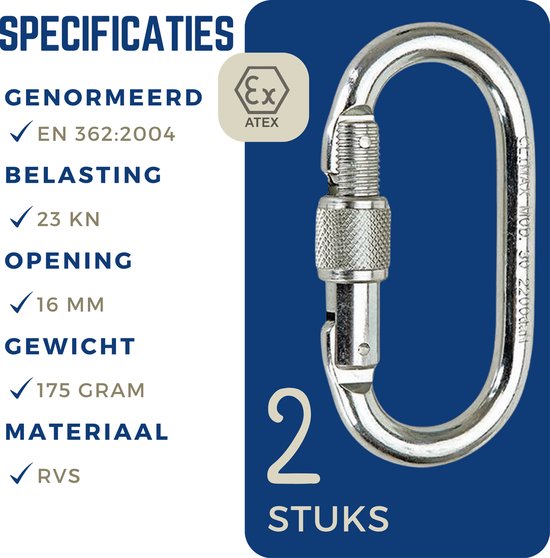 Climax Karabijnhaak 2 stuks - 10 x 5,5 cm - Veiligheidssluiting - Klimkarabijnhaak - Valbeveiliging