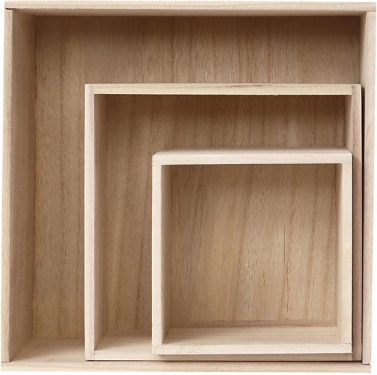 Incompleet- Houten voorraaddozen, grootste maat 28x28x12,5 cm, Keizerin boom