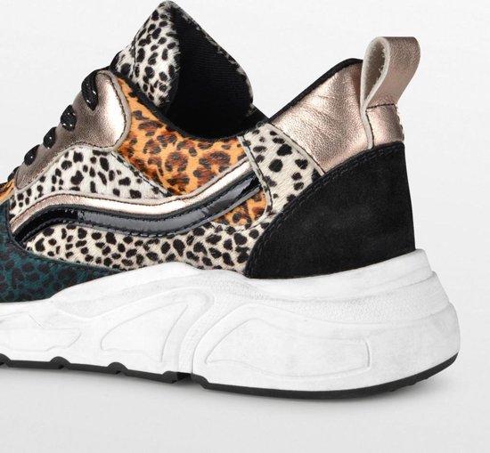 PS Poelman Sneakers Suède met Furry Luipaard Print en Metallic Dames - Zwart Multi - Maat 40