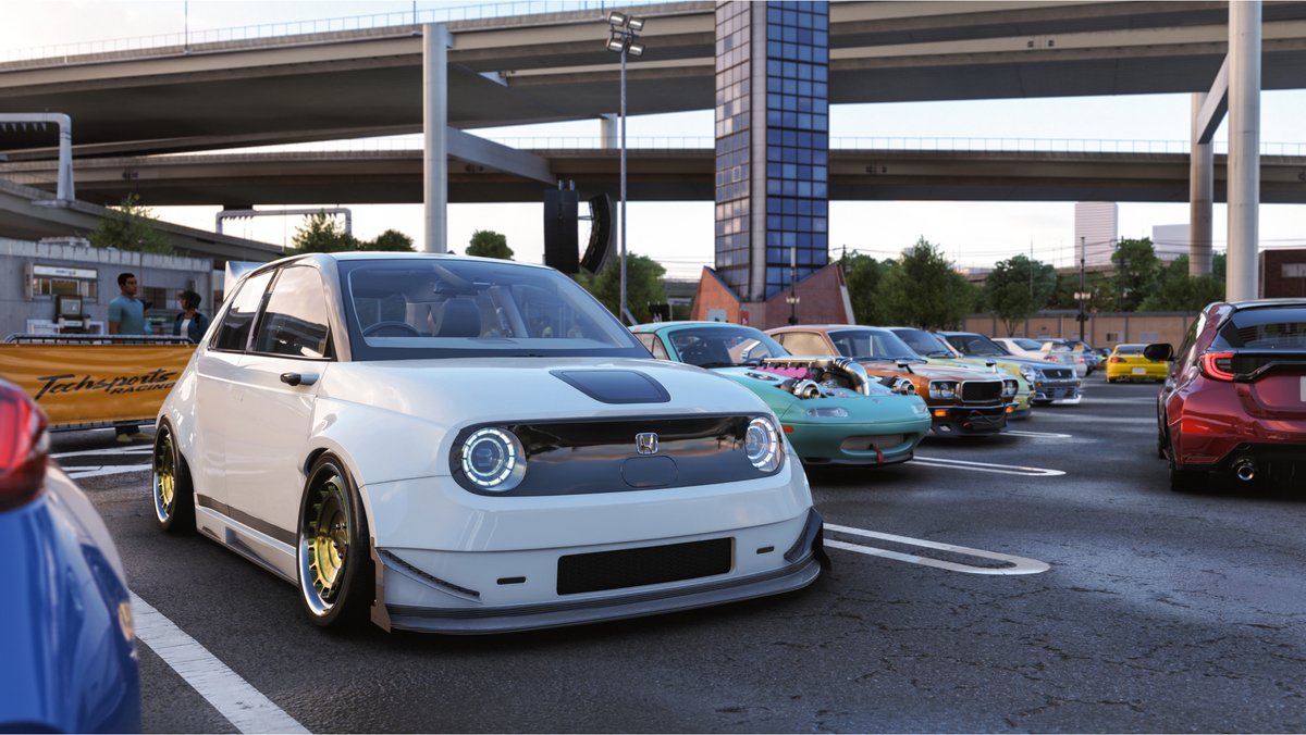 auto show, car meet, modified car, white hatchback, radar headlights