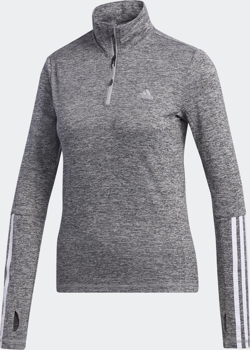 fleece, pullover, rits, grijs, athleisure, lange mouwen, prestatie, adidas-logo, streep, halve-rits