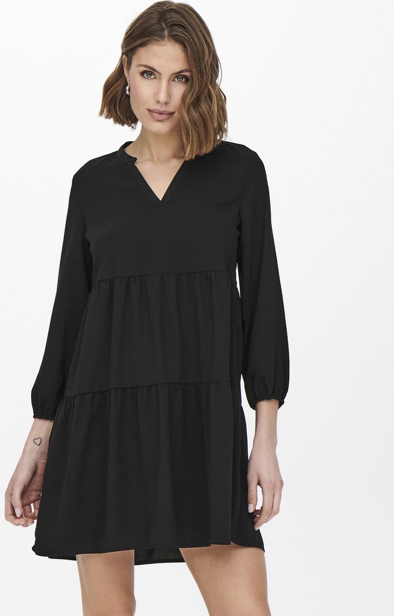 jurk, zwarte jurk, v-hals, lange mouwen, tiered jurk