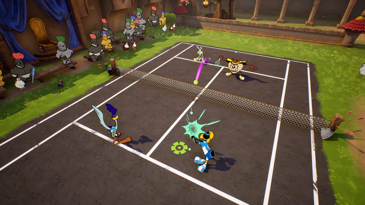 tennis court, pickleball, net, cartoon characters, game arena