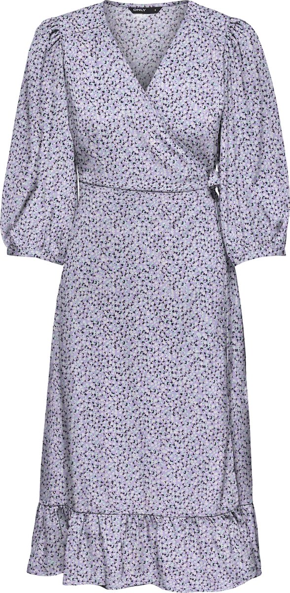 jurk, lila, bloemenprint, wrap, mouw 3/4