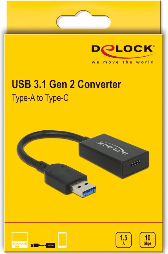 USB-A naar USB-C adapter - USB3.1 Gen 2 - tot 1,5A / zwart - 0,15 meter