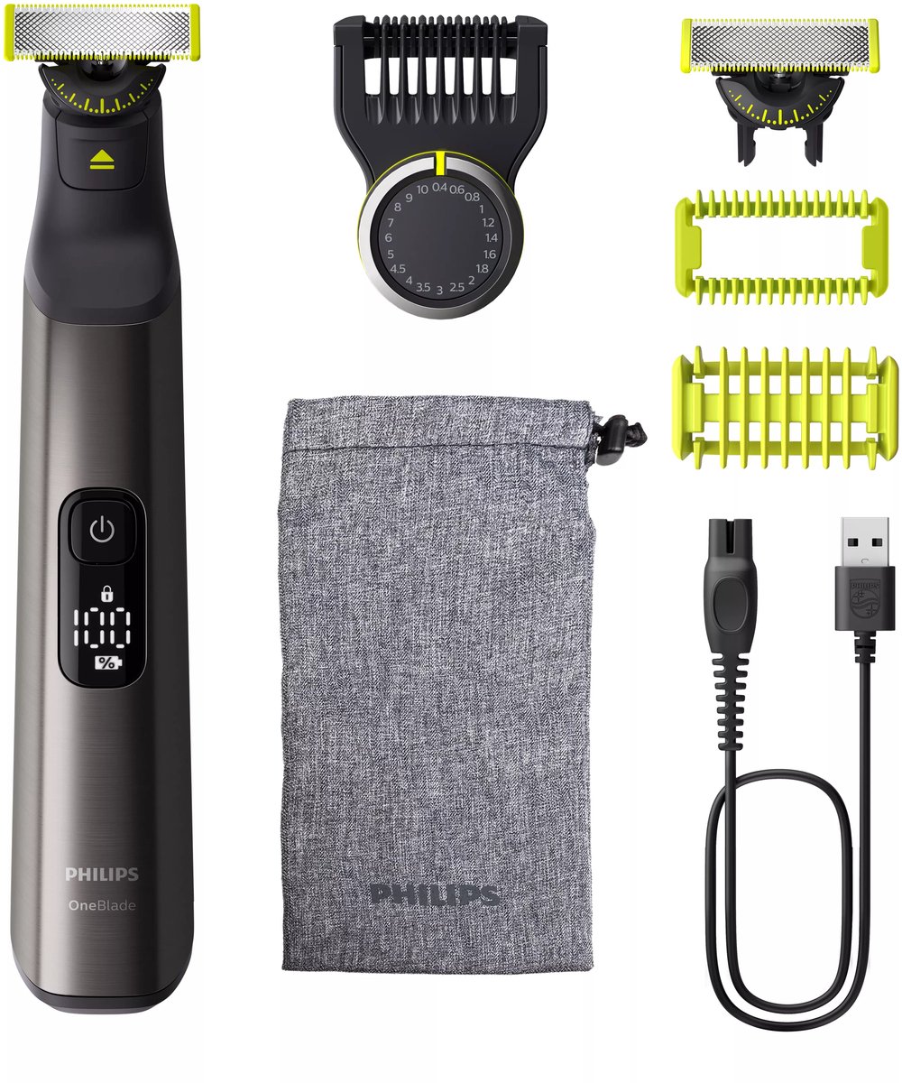 elektrische scheerapparaat, faciale trim, usb-kabel, opzetstukken, opbergzak