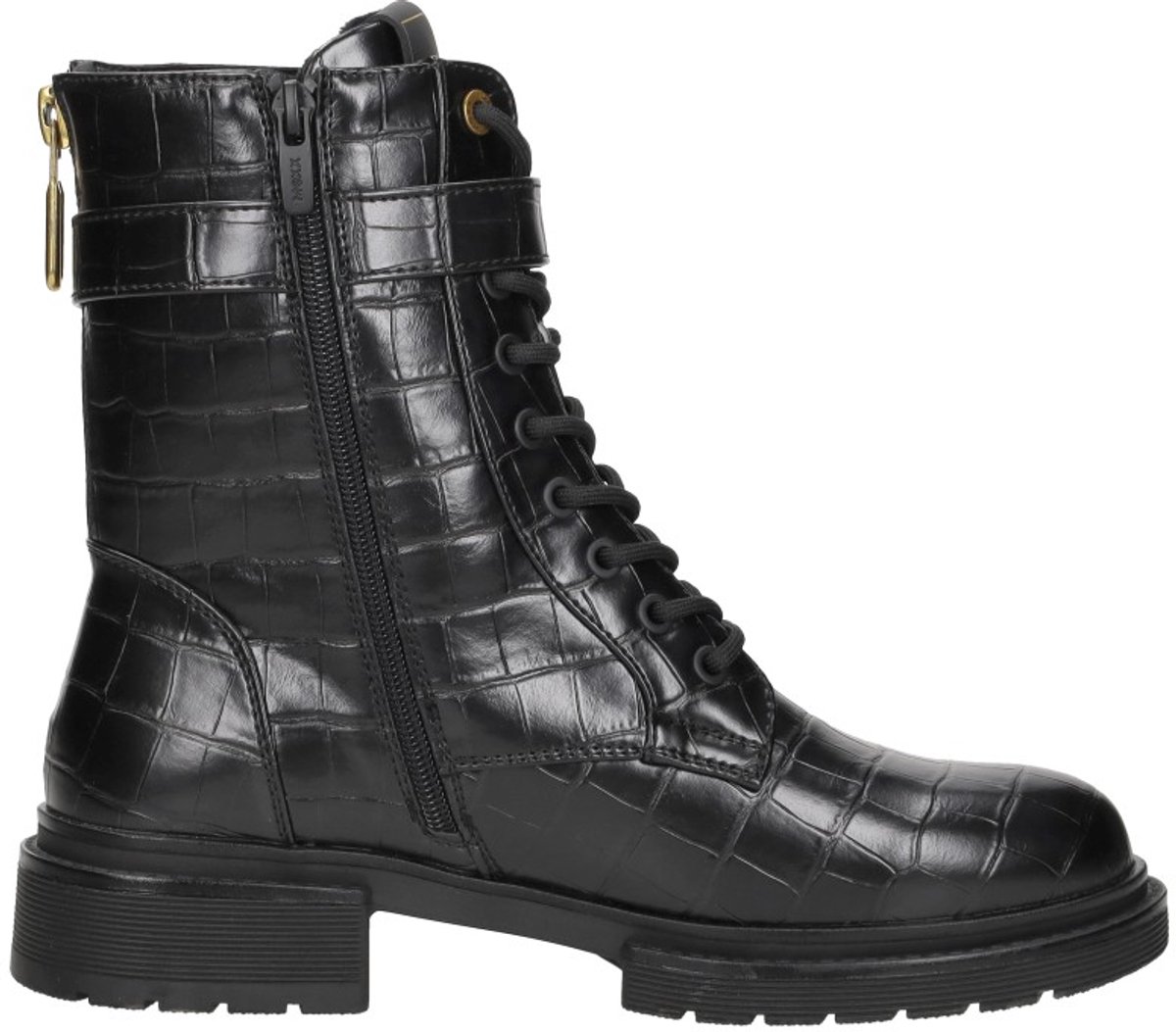 biker boot, zwarte enkelhoge laars, croco patroon, veterschoen, rugle zool