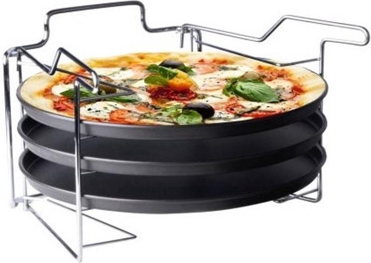 Pizzaplaat bakset met 3 bakplaten 29 cm - Pizza rek 3-delig - Pizzabakset met standaard - 3 pizzapla
