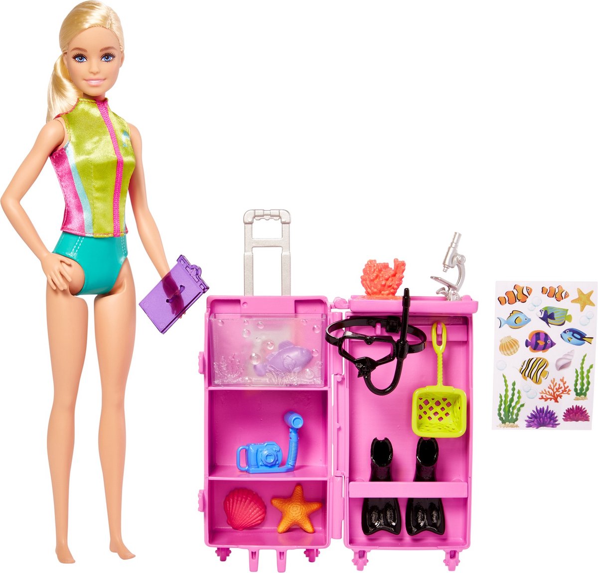 barbie doll, swimwear, pink suitcase, underwater accessories, sticker sheet