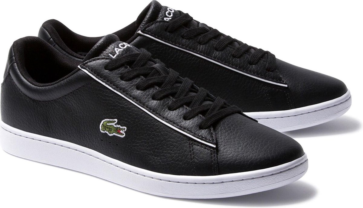 sneakers, black, leather, white sole, Lacoste logo