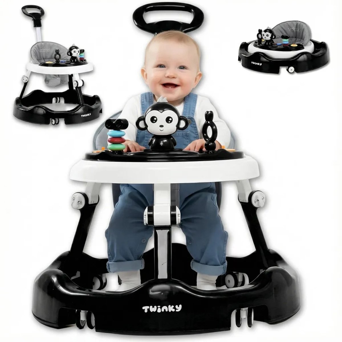 loopstoeltje, babystoel, hoge stoel, zwart-wit, monkey-stem