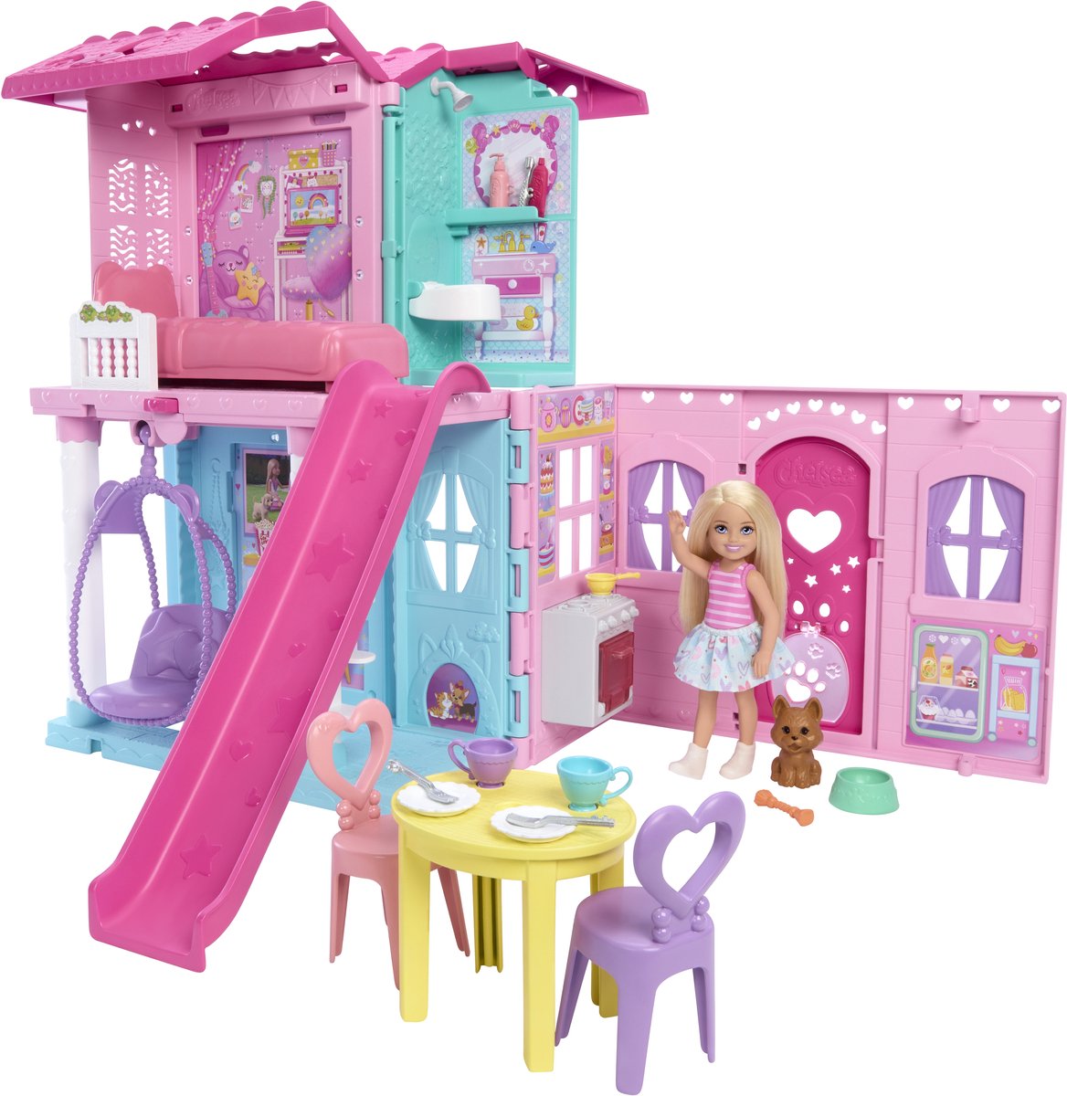 kinderspeelhuis, dollhouse, pink, glijbaan, meubilair