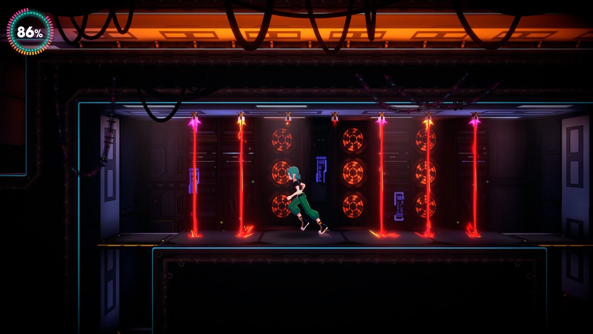figher, neon-lit, purple-green, platform, side-scroller