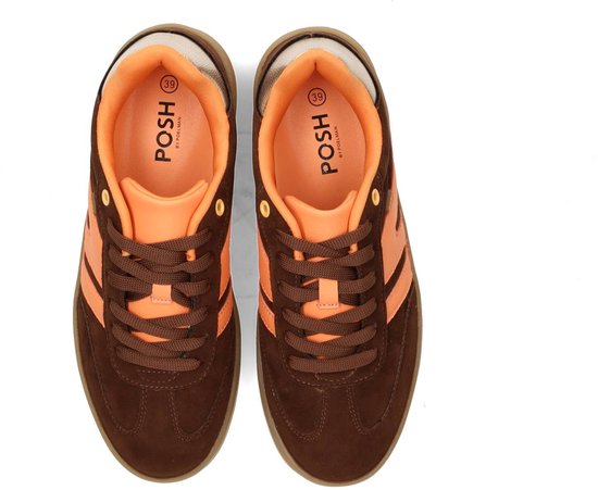 sneakers, bruin, oranje, veters, sportief