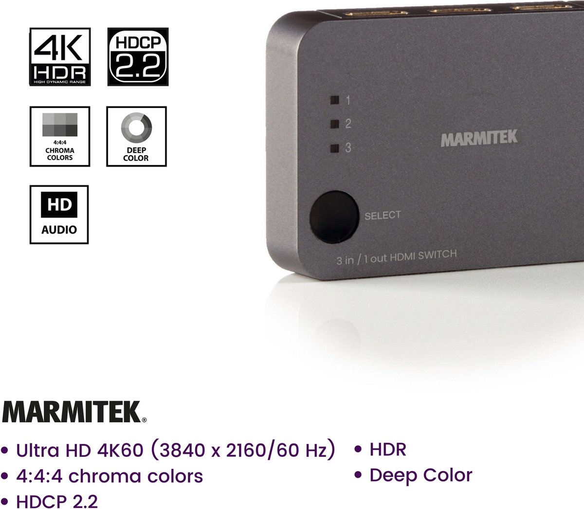 Marmitek HDMI Switch - Connect 310 UHD 2.0 - HDMI Switch 4K - HDMI Switch 3 poorts - CEC - EDID