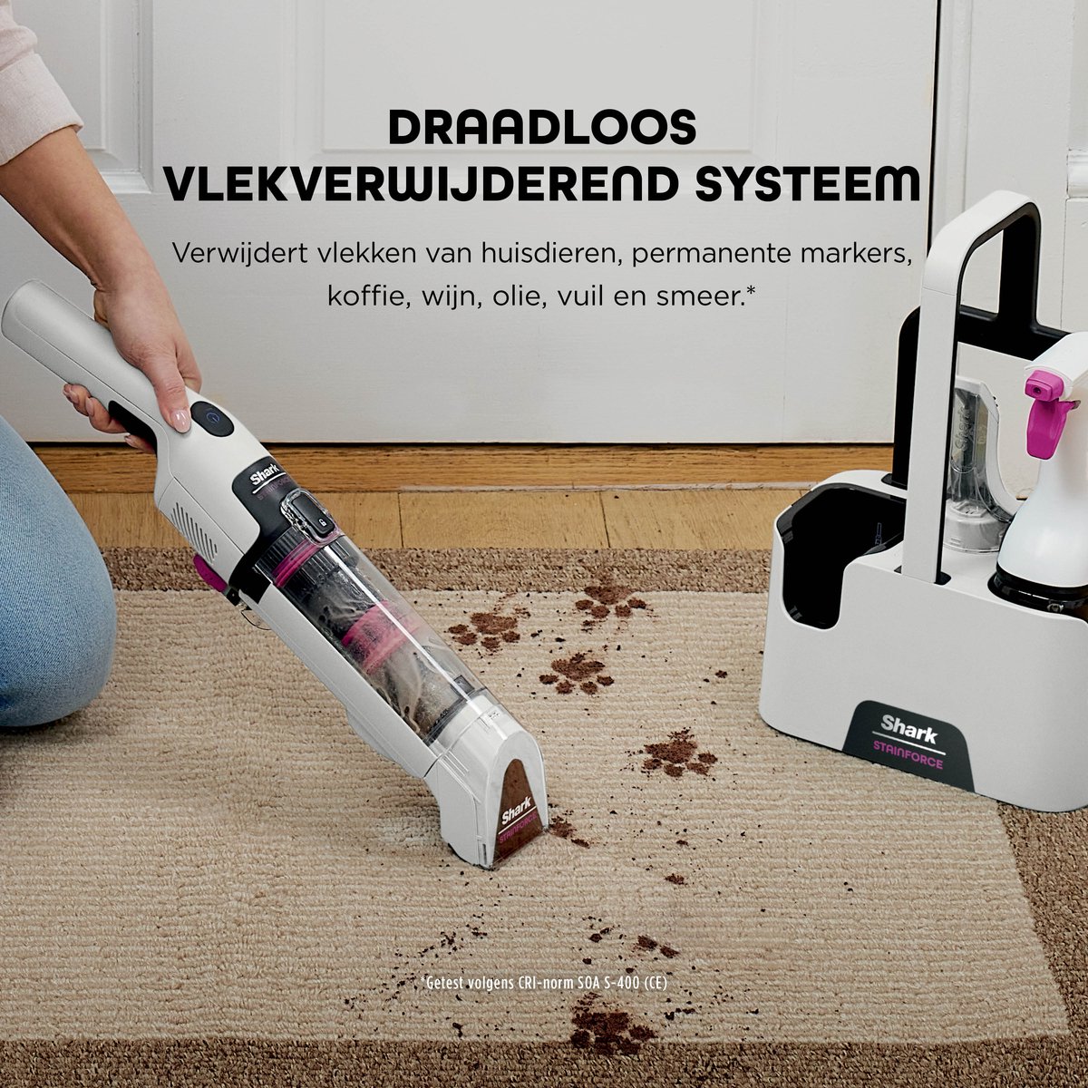 Shark StainForce Draadloze Handzame Vlekkenverwijderaar met draagcaddy, spleetopzetstuk en krachtige spray voor vloerbedekking, vloerkleden, bekleding van meubels en autobekleding - HX100EUT