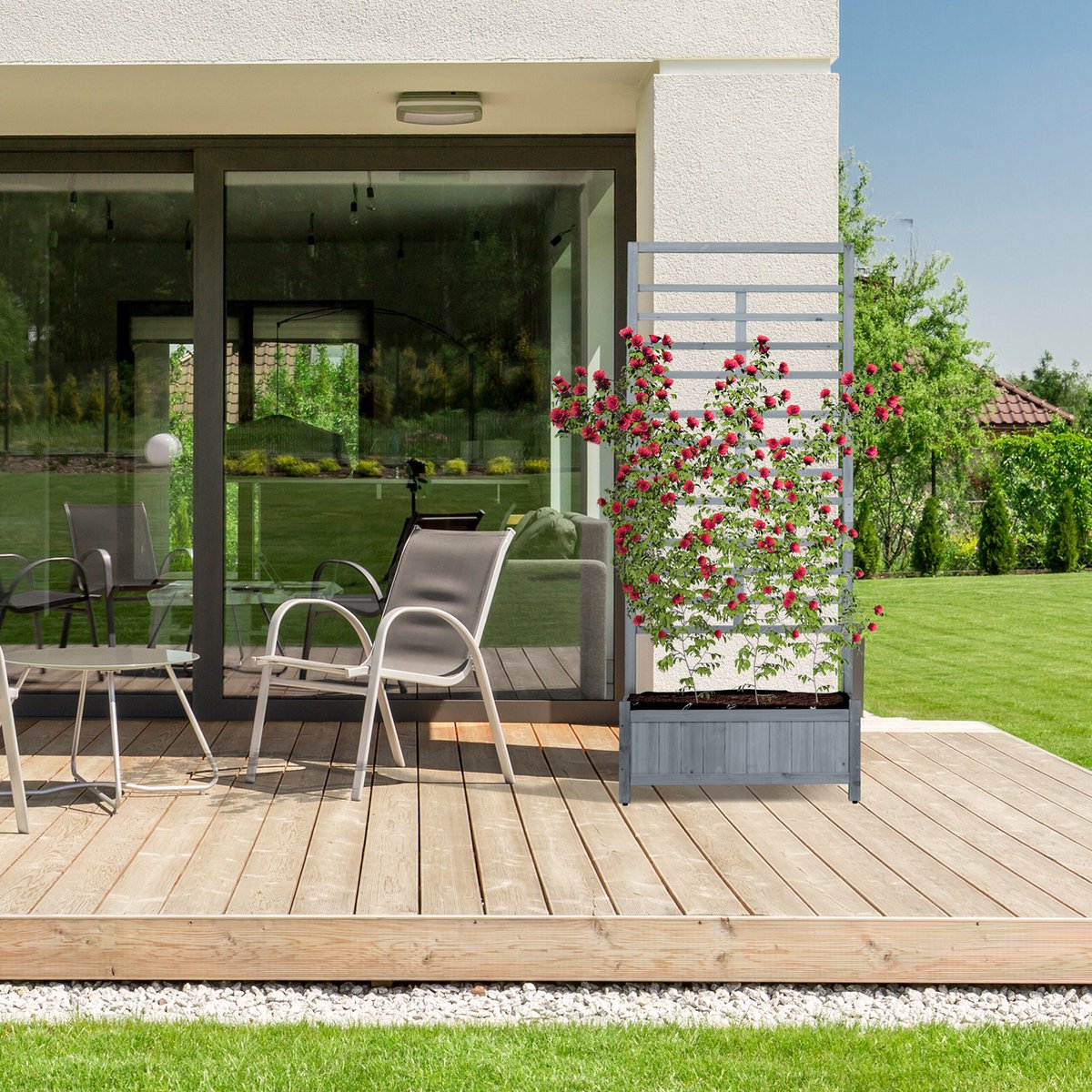tuin-deur, patio, bloempot, roos, tuinmeubilair