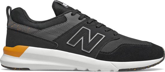 sneaker, running shoe, mesh upper, black, orange heel, textured midsole