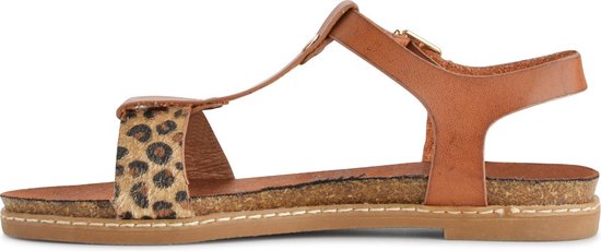 PS Poelman Dames Sandalen - Maat 40 - Brizo - Cognac Bruin met Luipaard Print