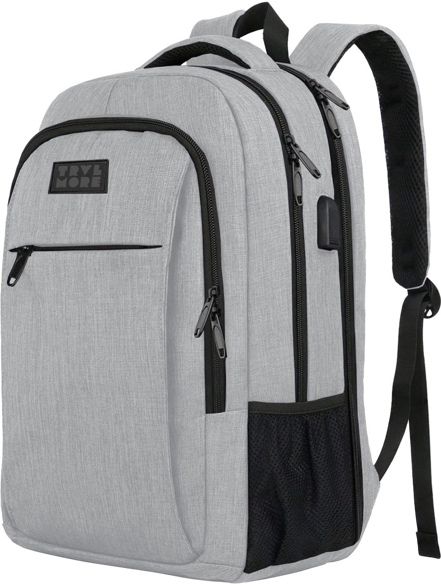 rugzak, backpack, grijs, dubbele rits, mesh zijvak