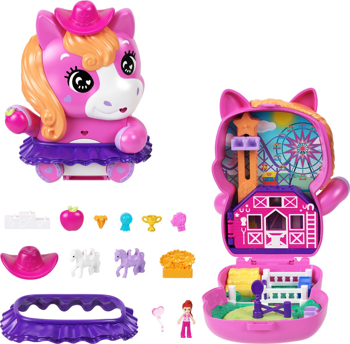 knuffel, pony, speelgoed, roze, paarden'] }``` Wait this is wrong. Let's craft proper NL tags: product is a pony-themed toy with accessories, includes small figures, horse figure, pink, purple, head open case. Tags: 