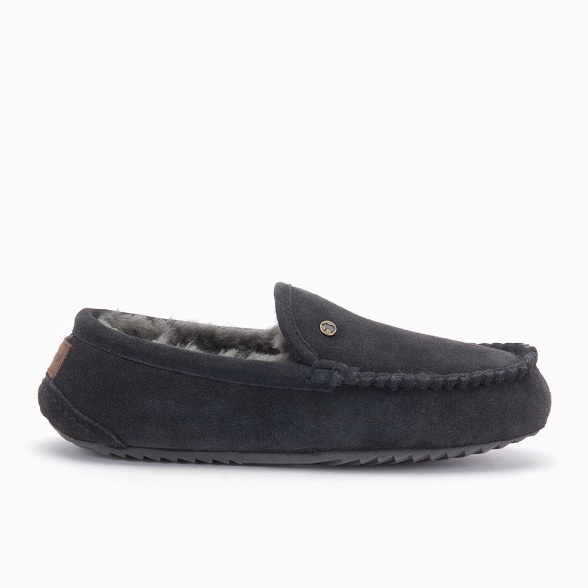 slipper, mocassin, suede, donkerblauw, bontvoering