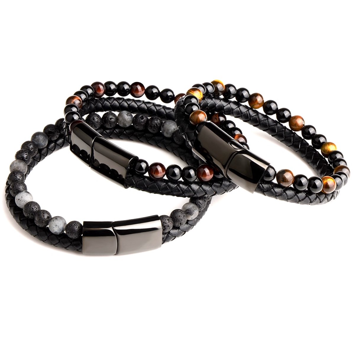 Fako Bijoux® - Leren Natuurstenen Armband Heren - Zwart Leer - Zwarte & Lavasteen Natuursteen - 6mm