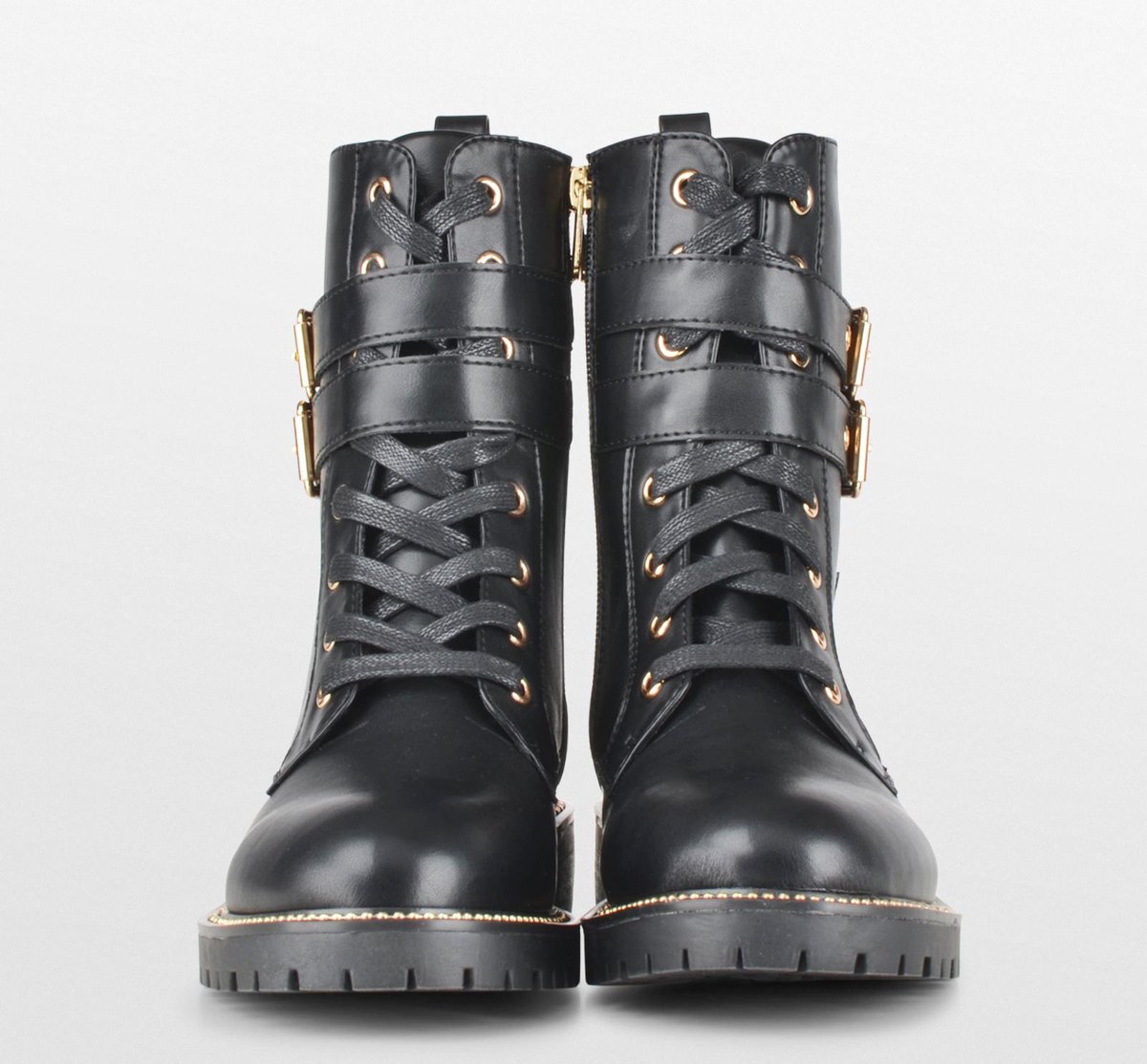 PS Poelman - maat 40- Dames - DUNGABALL PU Imitatieleren Biker Veter Laarzen Boots met Gouden Gespen