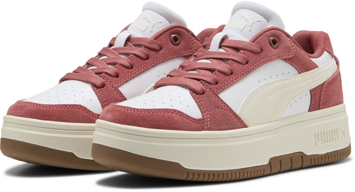 sneakers, low-cut, leder, roze, wit, gum sole