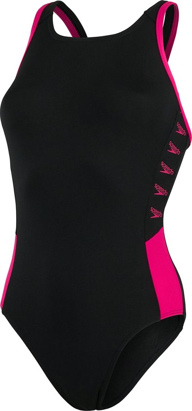 damessportonepiece, swimwear, zwarte badpak, neon roze accenten, zoom vetersneligingen
