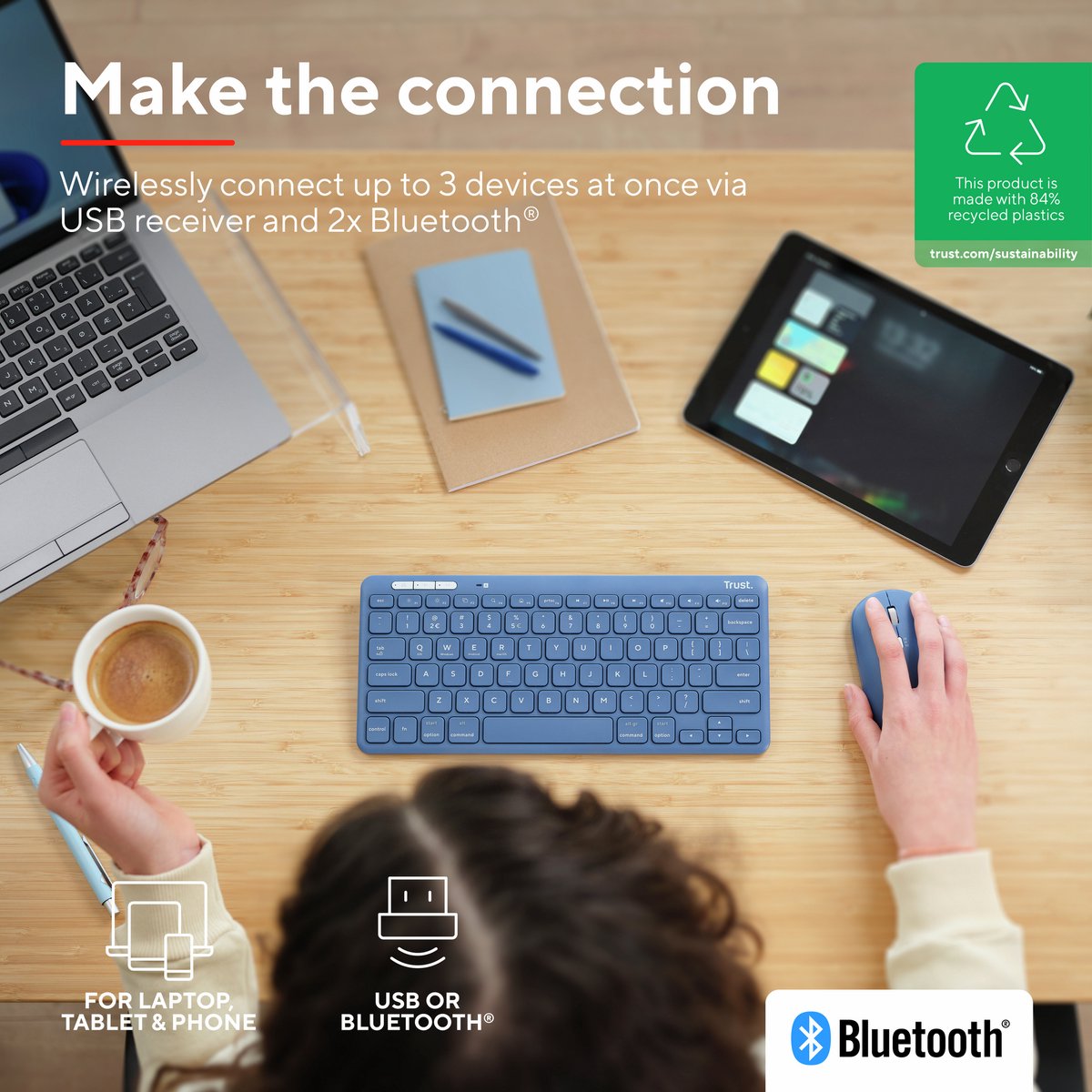 Trust Lyra - Draadloos Toetsenbord en Muis - Multi connect - Qwerty US - Blauw