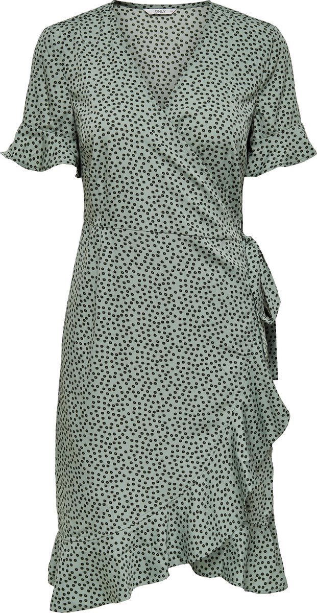 jurk, polkadot, silhouet, wrap, korte mouw
