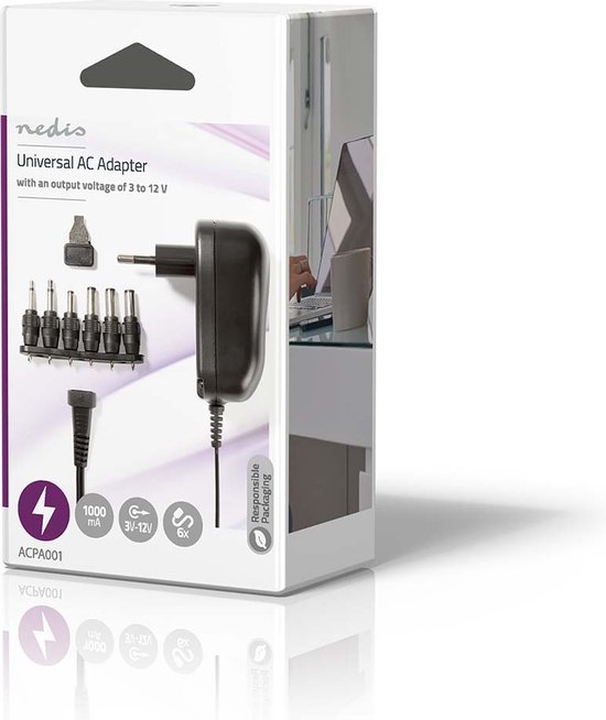 Nedis Universele AC-Stroomadapter - 12 W - 3 - 12 V DC - 1.80 m - 2.0 A - 6 plug(s) - Zwart