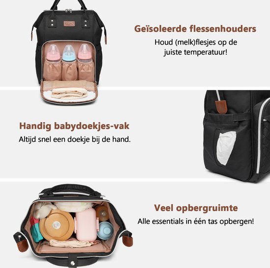 Luiertas Rugzak - Inclusief Buggy en Kinderwagen Haken - Zwart