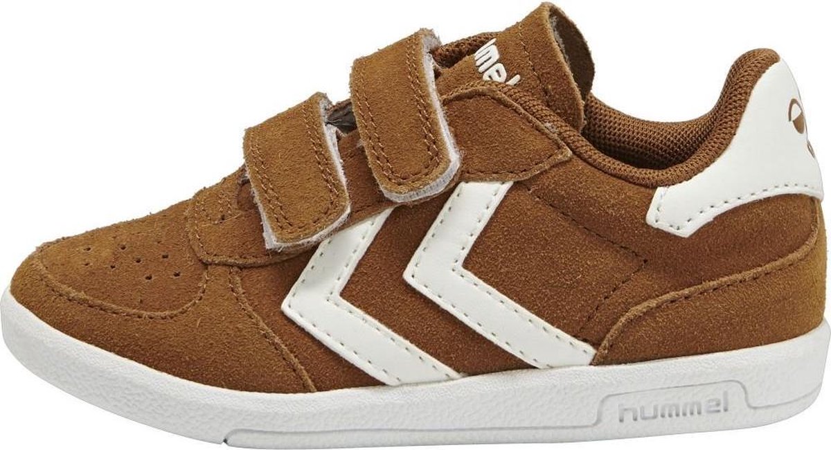 kinderschoen, sneaker, bruine schoen, velcro, suede, witte zool