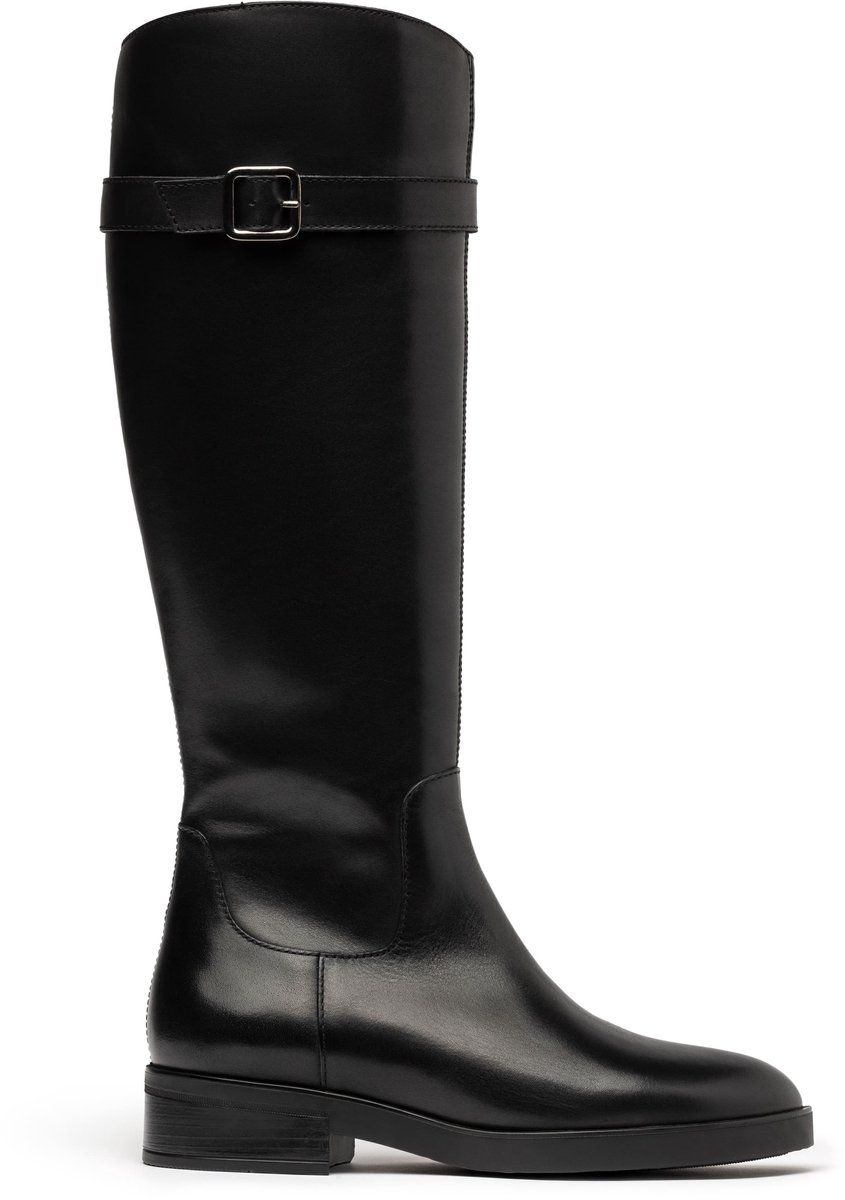 laars, tall boot, black, buckled strap, knee-high