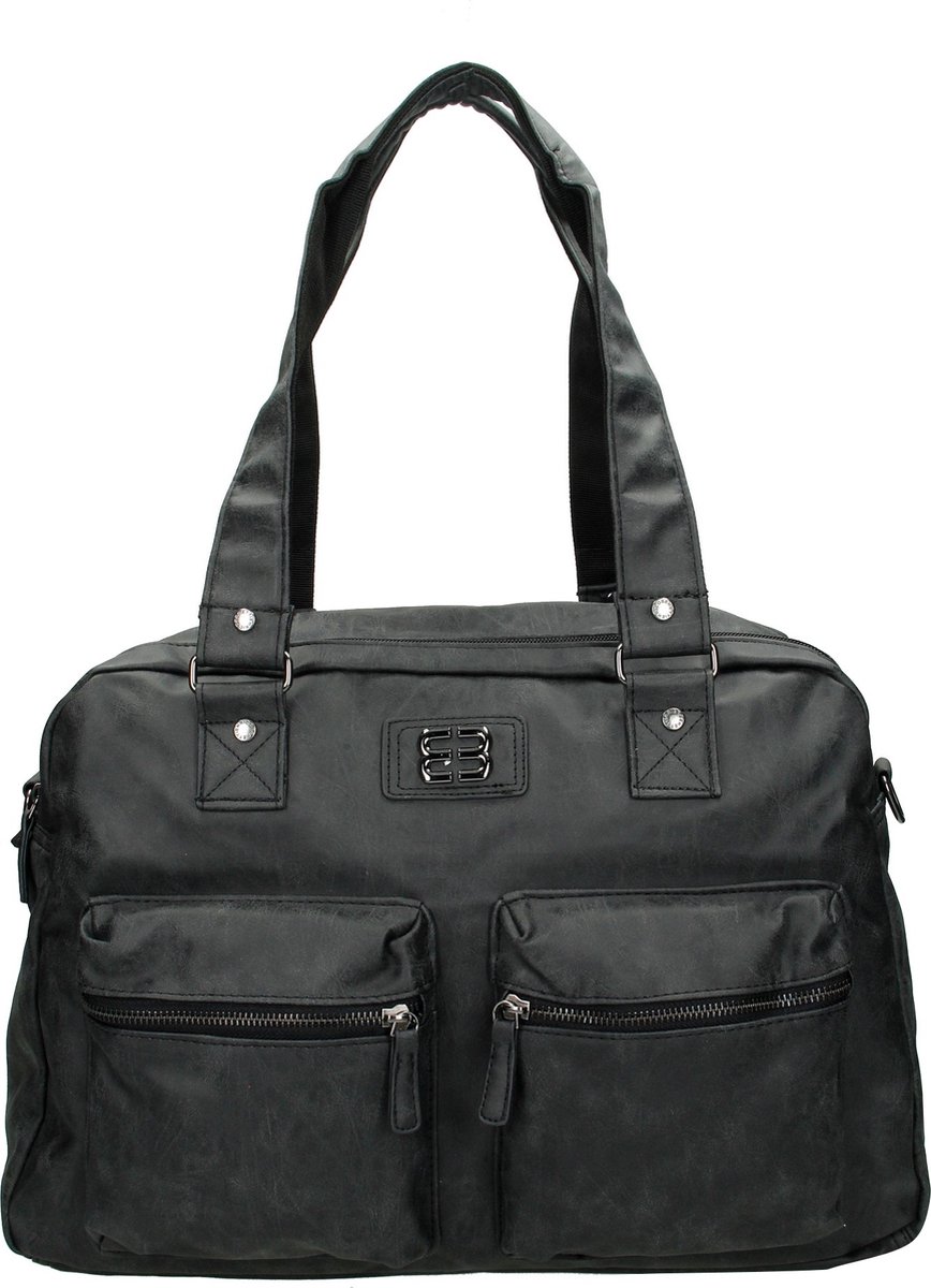 tote bag, black bag, duffel style, front pockets, zipper pockets