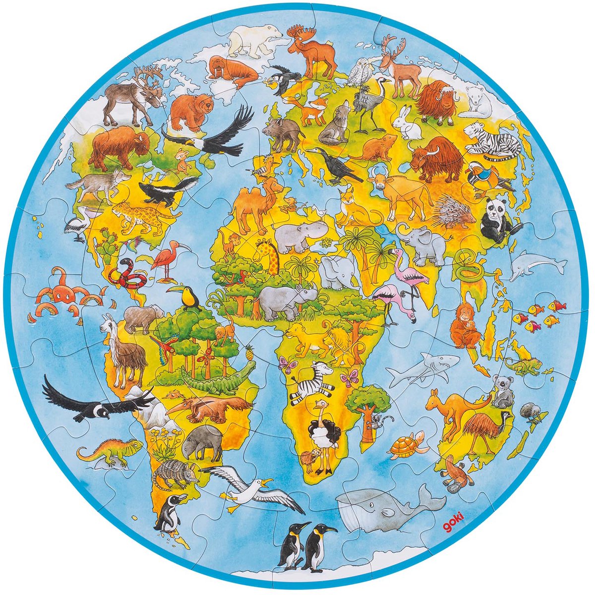 wereldkaart, puzzel, dieren, cirkelvormig, kinderspeelgoed