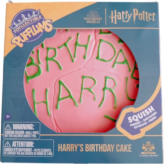 birthday cake, squishy, pink, green writing, Harry Potter