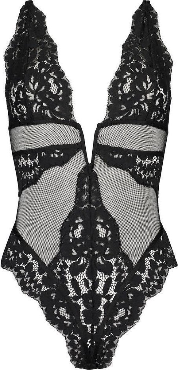 lacy bodysuit, black lace, mesh panels, deep V, one-piece