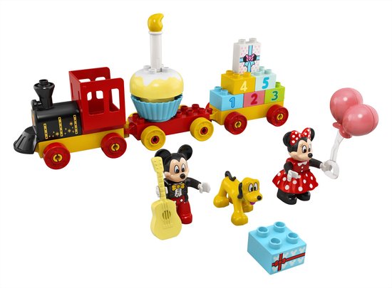 speelgoed trein,  LEGO-achtig blokken,  Mickey Mouse figuren,  ballonhouder,  blokspel en blokken