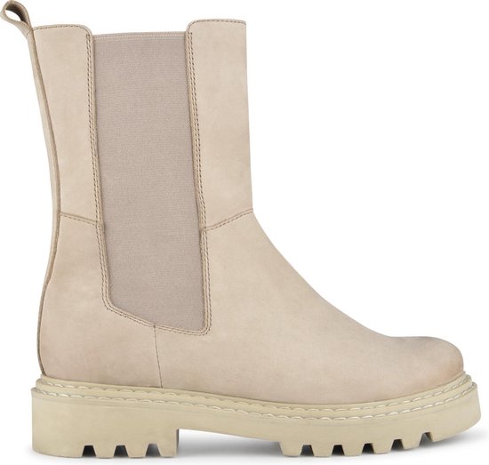 PS Poelman Saturno - Maat 37 - Dames Leren Chelsea Enkellaarzen met Elastiek en Ritssluiting - Beige