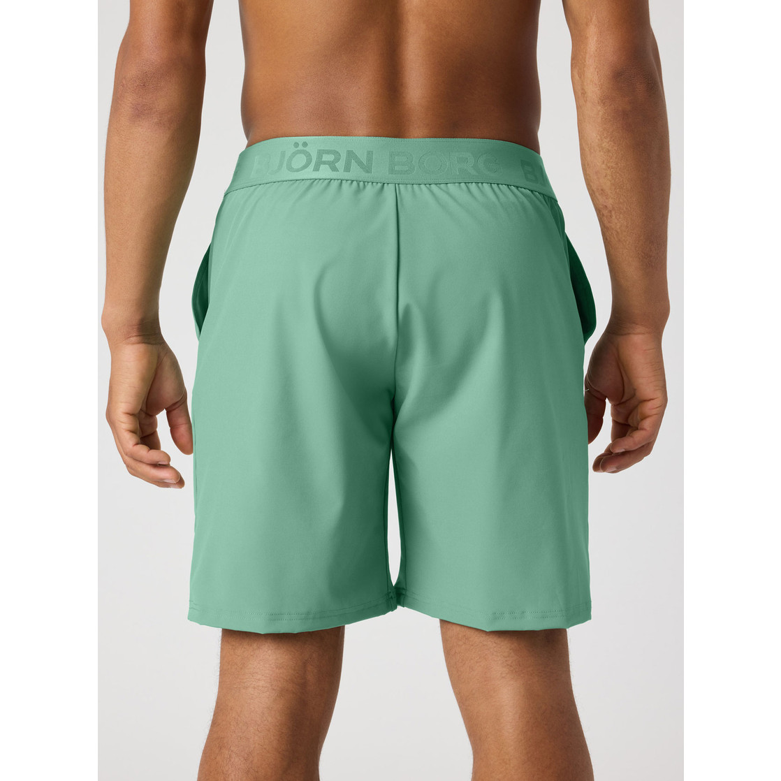 shorts, swim trunks, groen, elastische band, achterkant