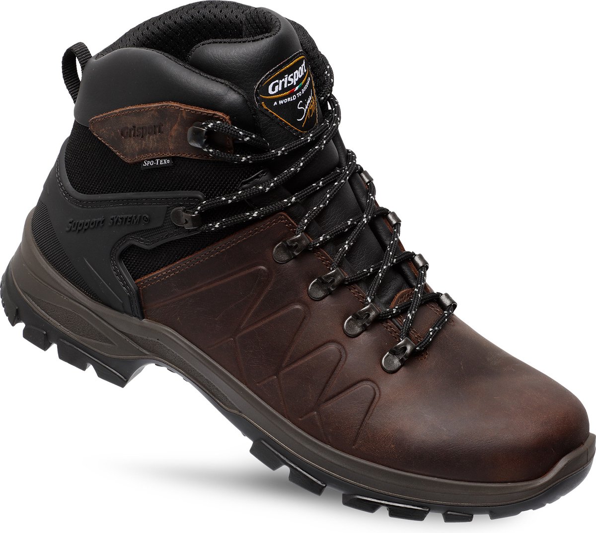 hiking boot, brown leather, lace-up, ankle boot, treaded sole